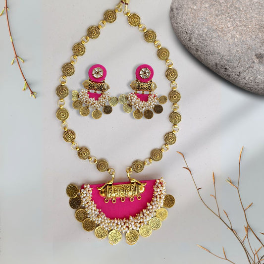 Rainvas Pink and golden coin traditional necklace earrings set