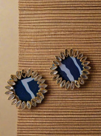 Indigo blue printed studs earrings with kundan borders