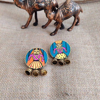 Round wooden studs earrings with Indian gudda and guddi painted with golden charms