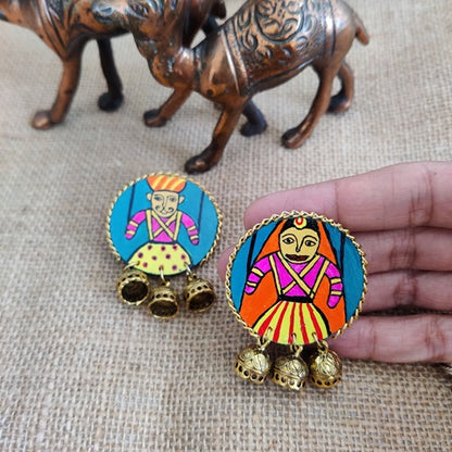 Round wooden studs earrings with Indian gudda and guddi painted with golden charms