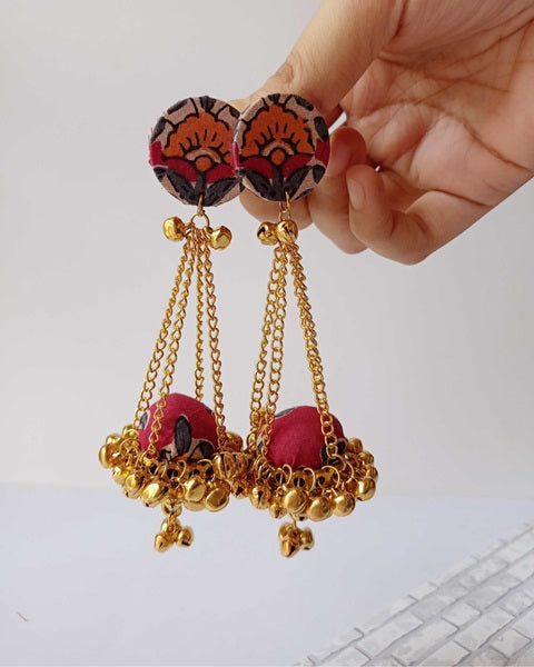 Red printed heavy long earrings with golden ghungroos and chain