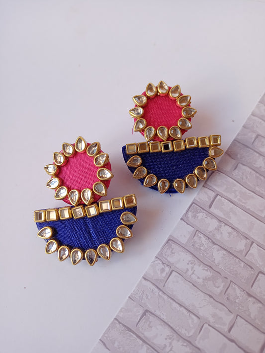 Rainvas Pink and blue kundan fabric earrings