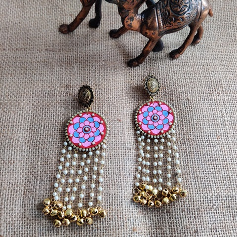 Pink and red mini mandala art work earrings with golden ghungroos at bottom