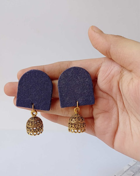 Plain dark blue fabric earrings with golden tiny jhumka at bottom 