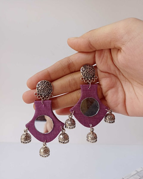 Purple fabric earrings with mirror and silver charms on top and bottom