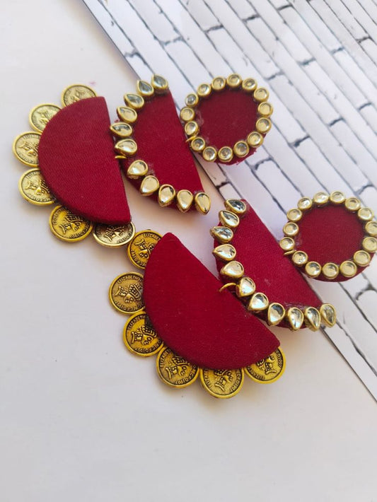 Rainvas Red maroon kundan with golden coins jhumka earrings