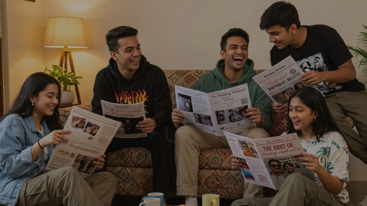 Five young people sitting together on a couch in a cozy living room, each holding and reading a printed newspaper or magazine page. The scene is warmly lit by a lamp in the background, and the group appears engaged and relaxed.