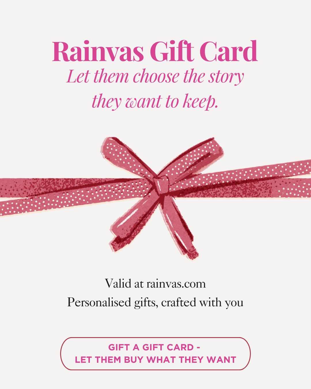 Rainvas gift card with a pink bow on a white background