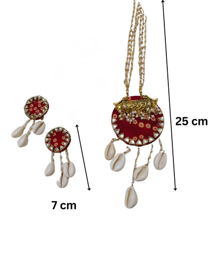 Red Bandhani Necklace Set with Shells