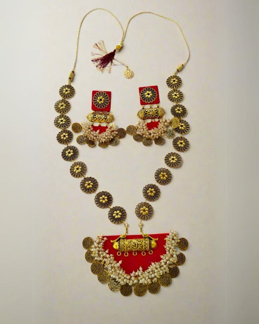 Red Golden Beaded Necklace Set