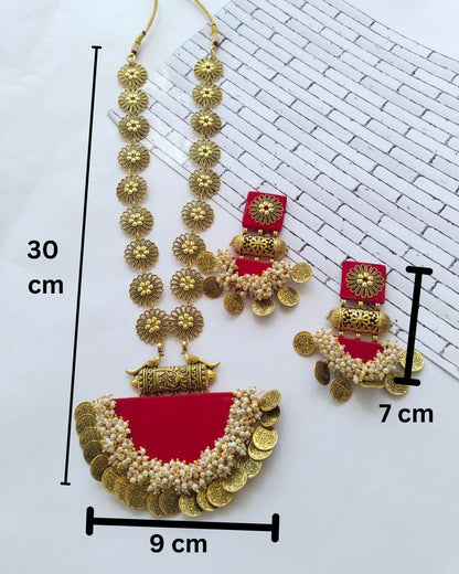 Red long necklace and earrings showing measurements 