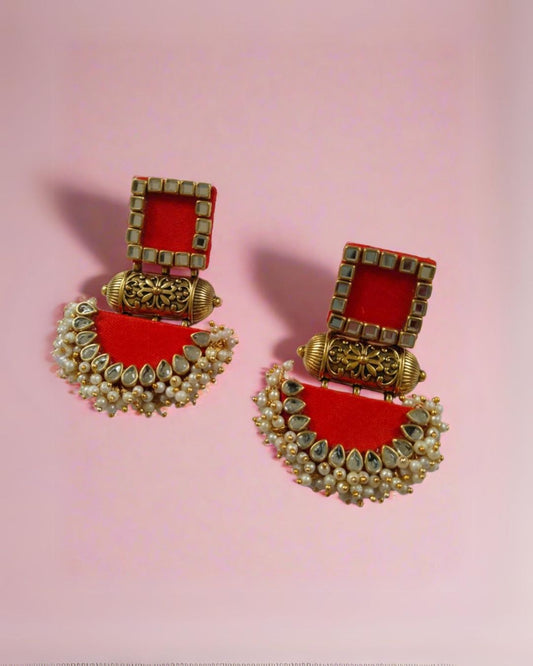 Rainvas Bright red rectangular beaded earrings for women