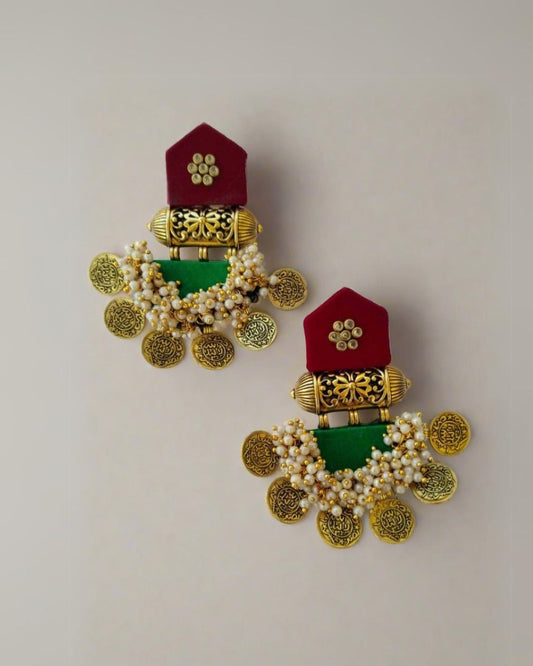 Rainvas Red maroon and green golden heavy coin earrings