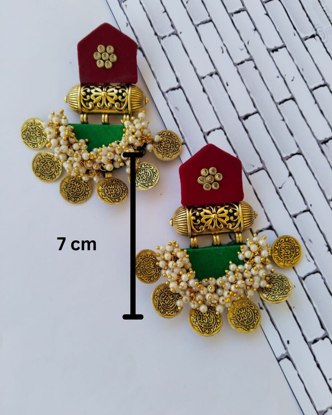 Maroon & green golden coin earrings