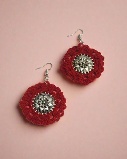 Red Silver Crochet Hoops