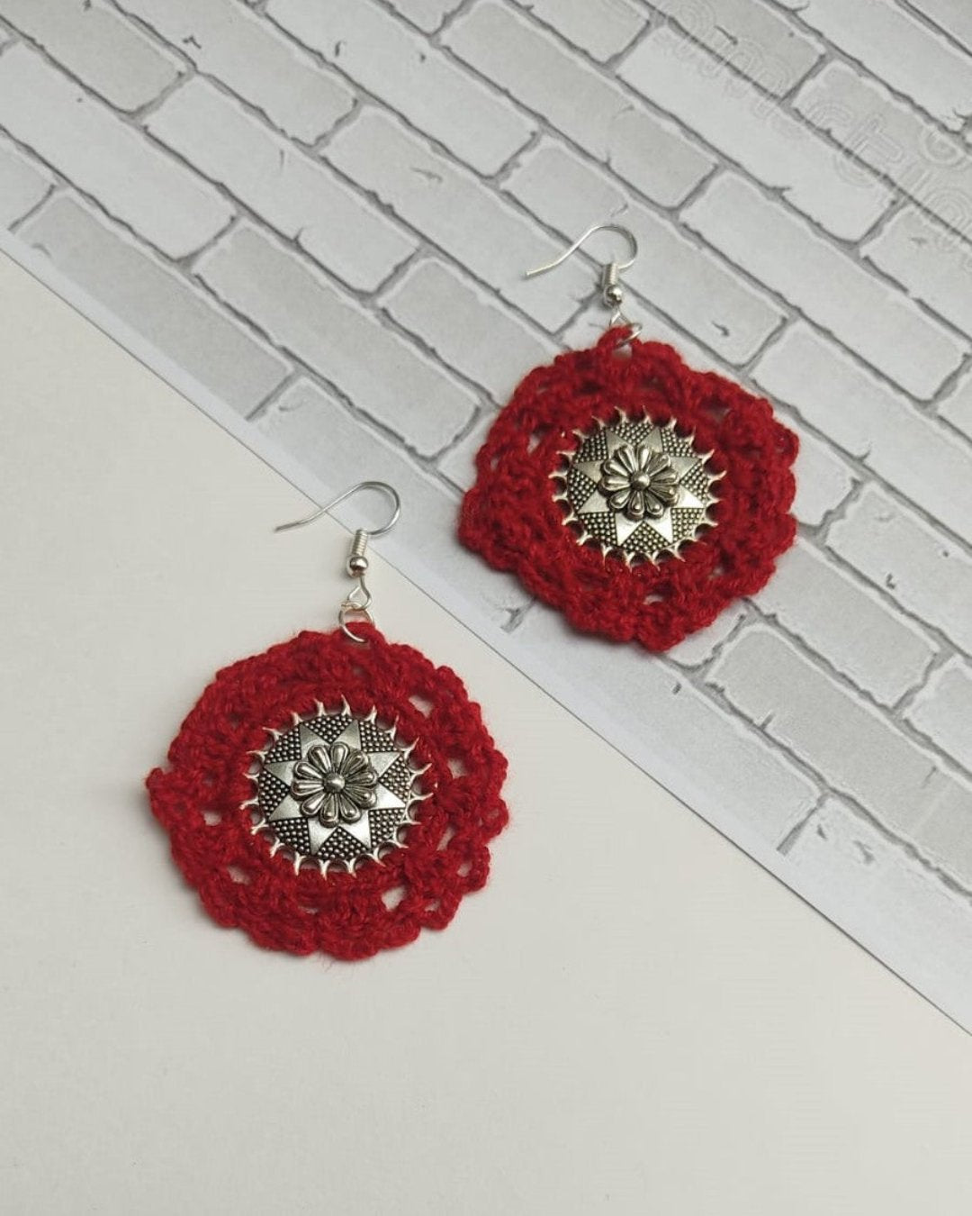 Red Silver Crochet Hoops