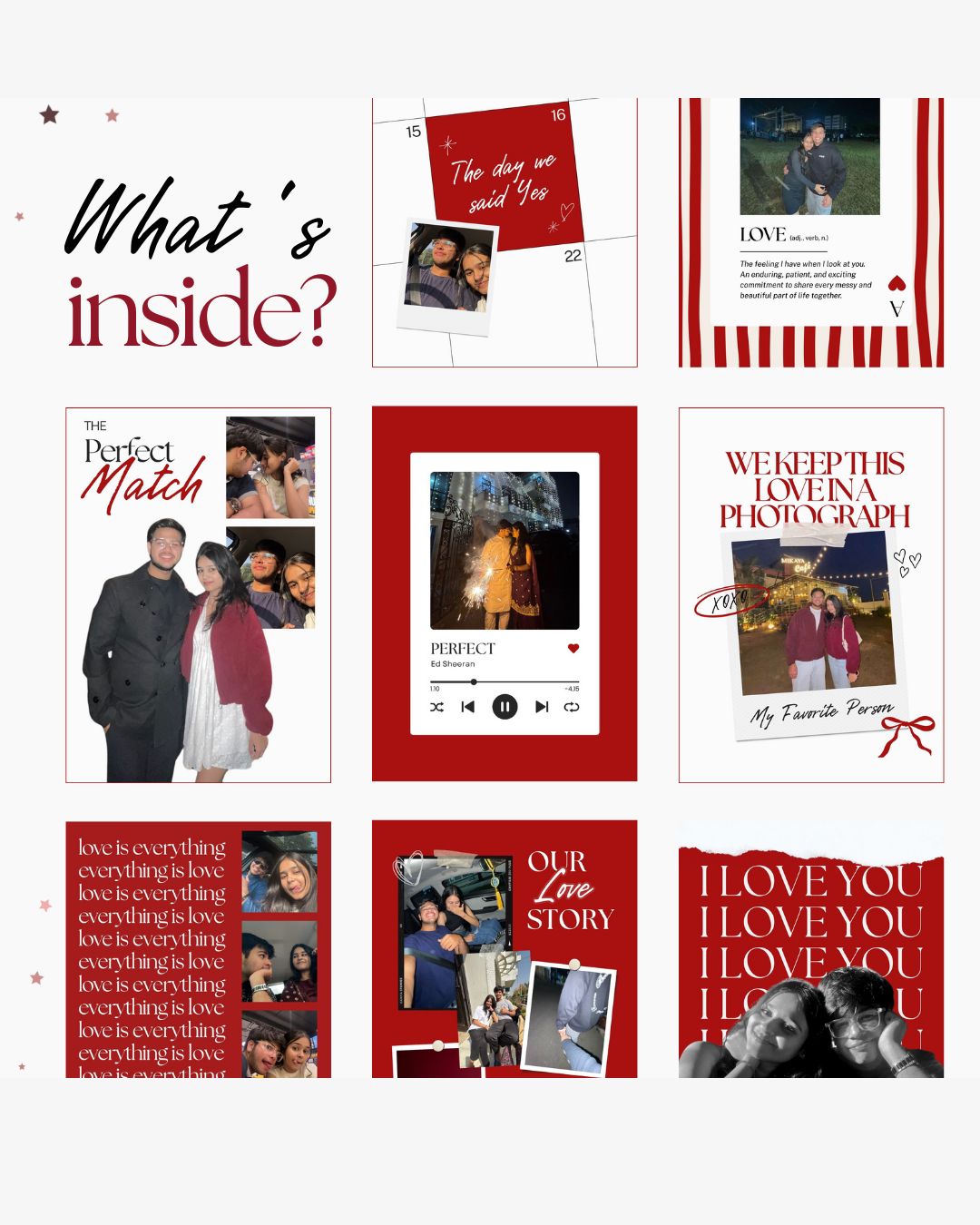 Collection of romantic photo albums with text and couple images on a white background