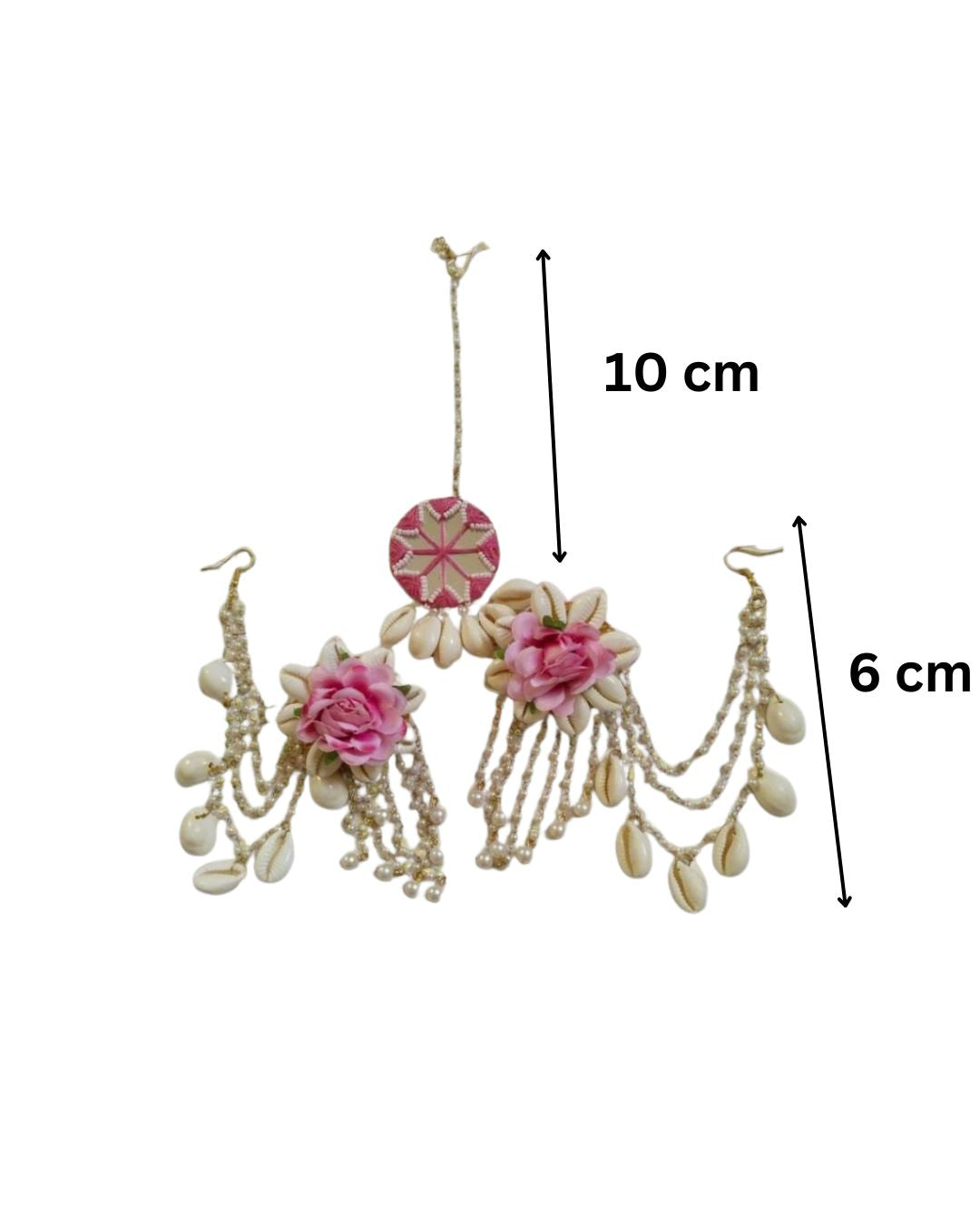 Rose floral earrings mangtika set in white pink with chain