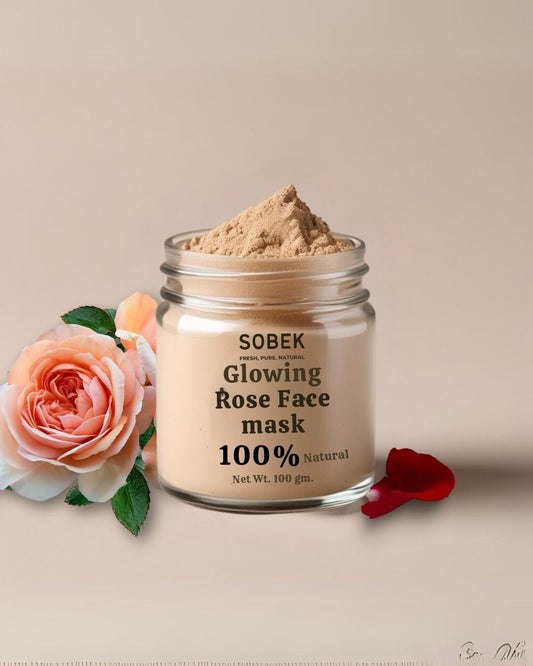 Sobek naturals rose face mask on brown virtual backdrop with roses around it