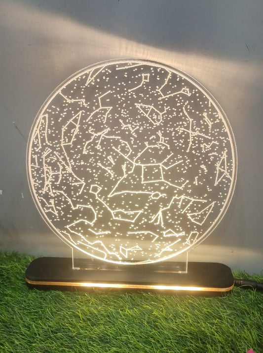 Round frame with golden LED lights showing arrangement of constellation 