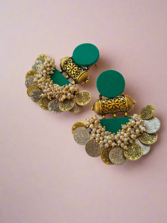 Rainvas Sea green silver and golden jhumka earrings