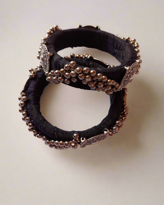 Silver Black Beads Duo Bangles