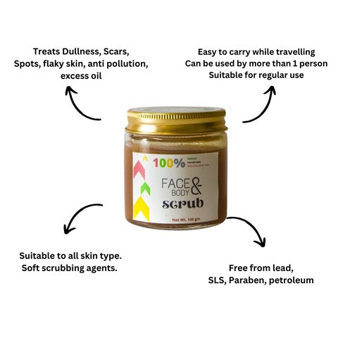 Sobek Naturals apricot brown face and body scrub in a glass jar with all its benefits mentioned