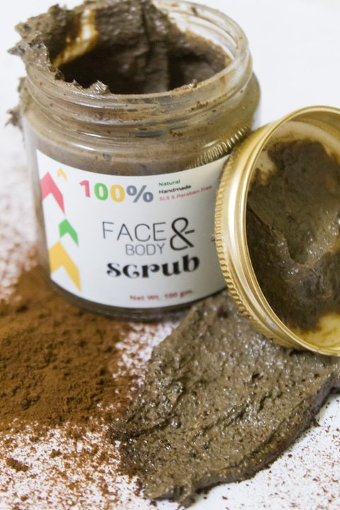 Sobek naturals glass jar with coffee face and body scrub spread around it