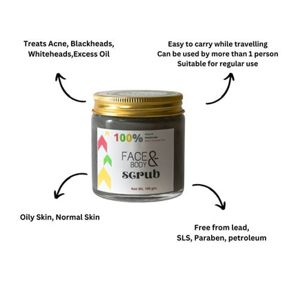Sobek naturals black activated charcoal face and body scrub in a glass jar with all its benefits