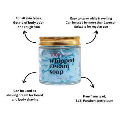 Sobek glass jar with blue whipped cream soap and all its benefits mentioned