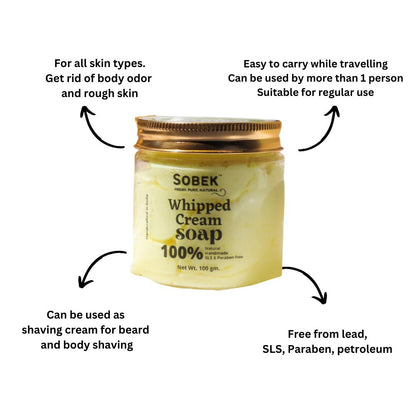 Sobek naturals yellow mango whipped cream soap in glass jar with its benefits mentioned