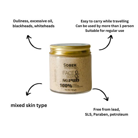 Sobek naturals orange face and body scrub in a glass jar with all its benefits written on it