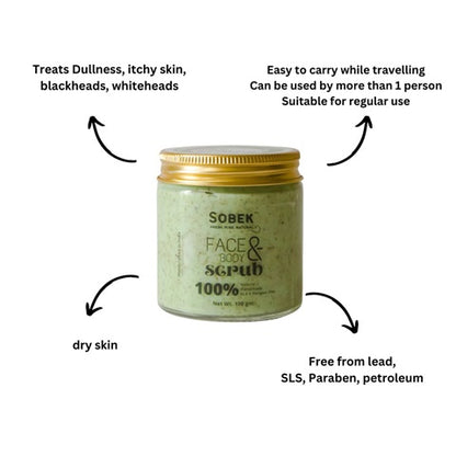 Sobek naturals peppermint green face and body scrub in glass jar with all benefits written