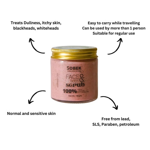 Sobek naturals pink strawberry face and body scrub in a glass jar with all its benefits mentioned