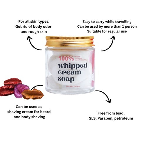 Sobek naturals white lily whipped cream soap in a glass jar with all its benefits mentioned around it