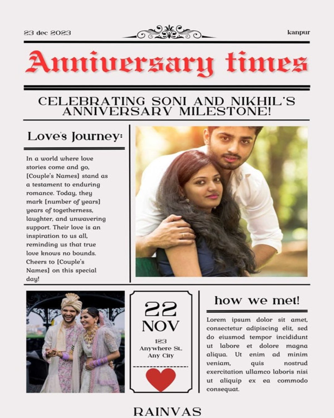 Customized anniversary newspaper with couple picture, headlines and articles