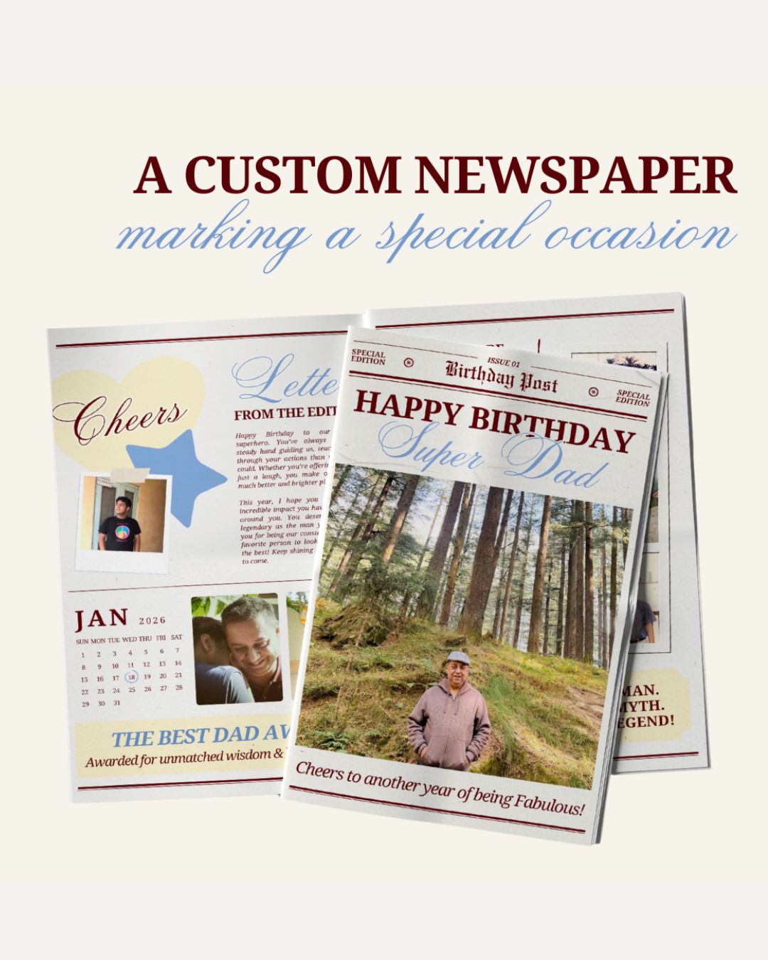 Two custom birthday newspapers for a father on a white background