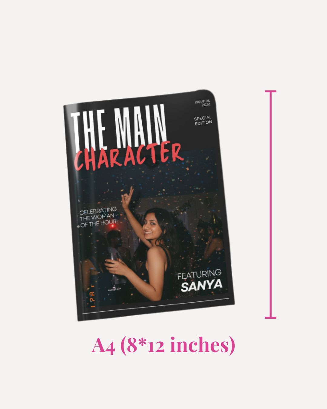 Book titled 'The Main Character' with dimensions A4 on a white background
