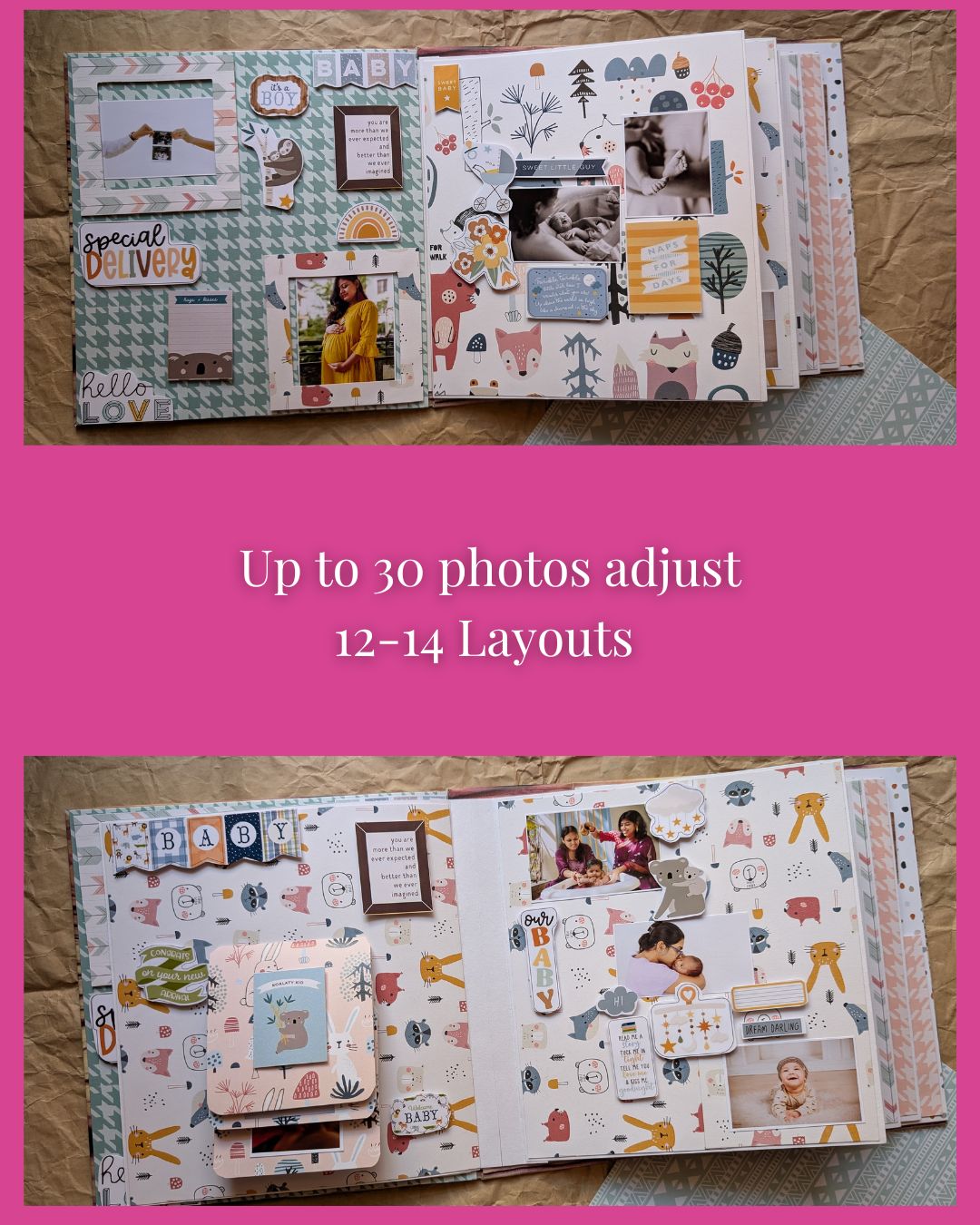 Two scrapbooking layouts with various elements on a pink background