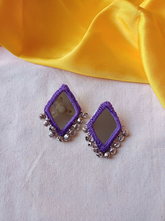 Rainvas Triangle purple Mirror Earrings with ghungroo