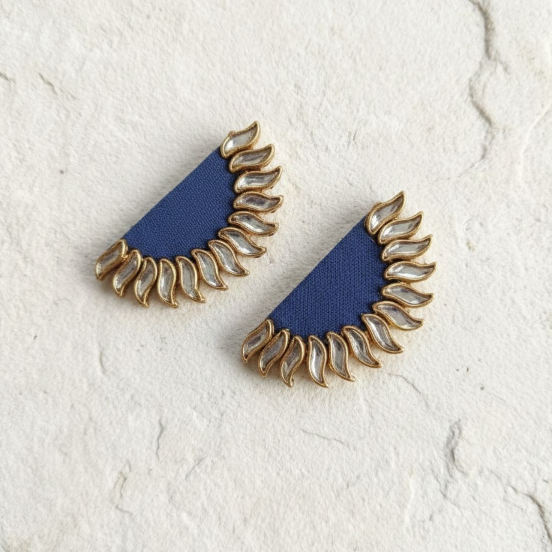 Blue Semi-Round Sunburst Kundan Stud Earrings