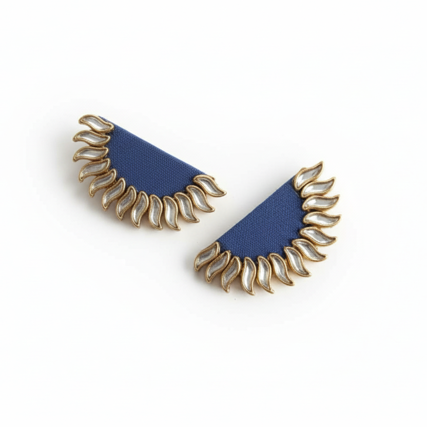 Blue Semi-Round Sunburst Kundan Stud Earrings