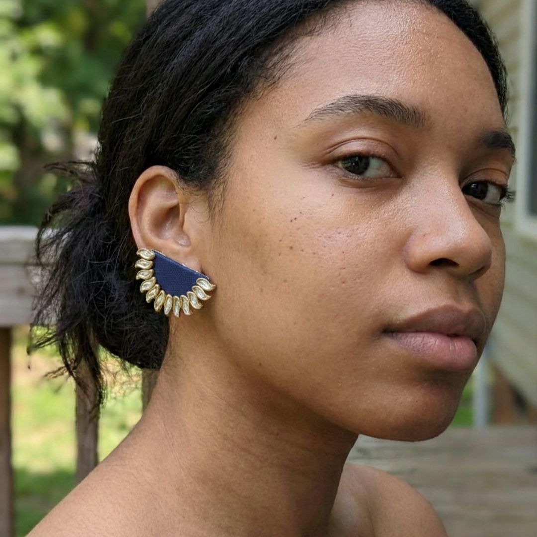 Blue Semi-Round Sunburst Kundan Stud Earrings