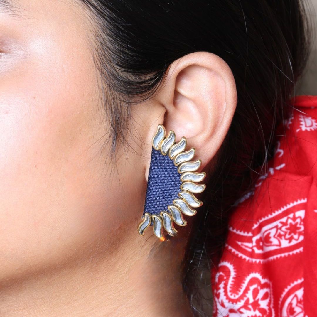 Blue Semi-Round Sunburst Kundan Stud Earrings