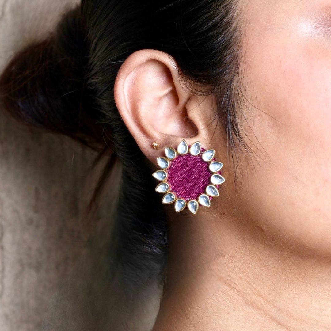 Wine Purple Halo Kundan Mini Stud Earrings