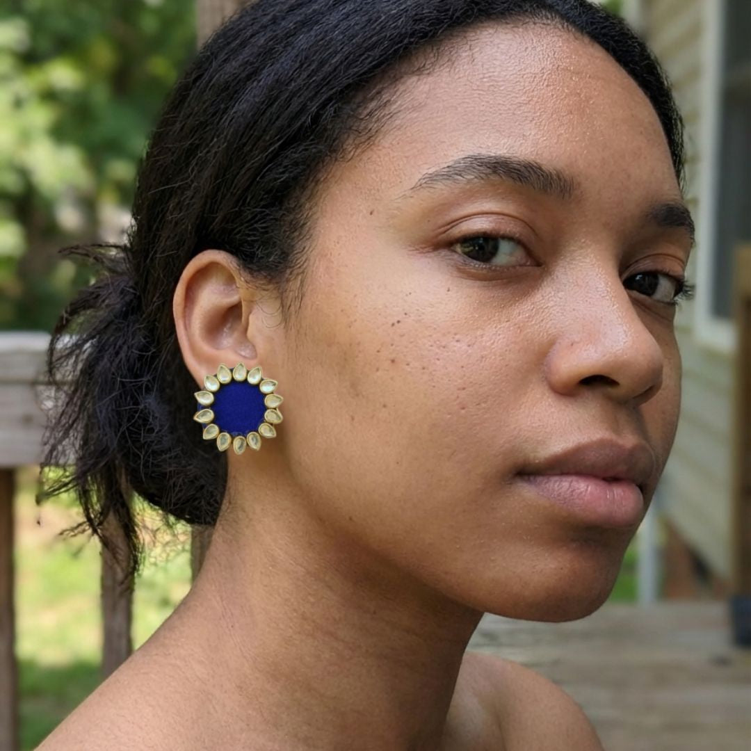 Dark Blue Halo Kundan Mini Stud Earrings