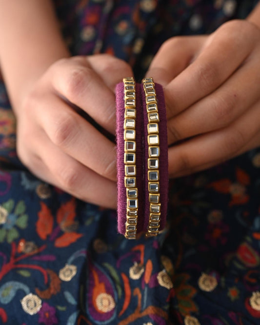 Silk fabric kundan bangles set