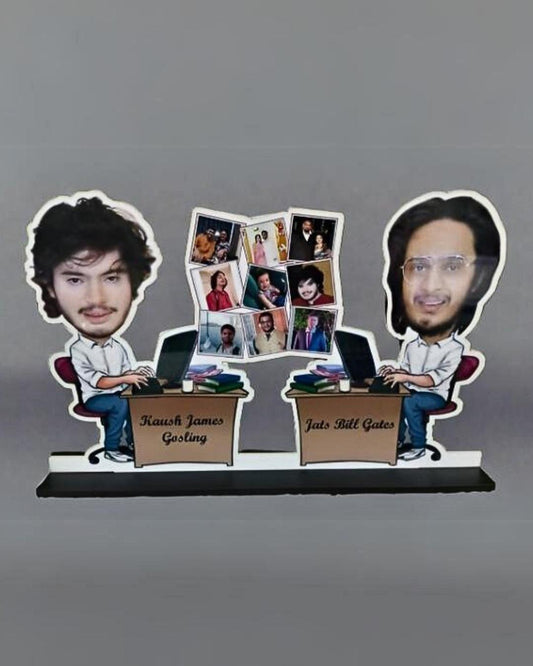 Caricature collage frame with two men working on their desks