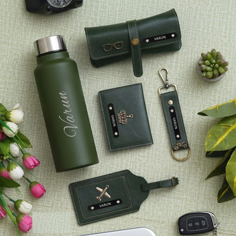 Green bottle, keychain, wallet, glasses holder and passport holder for men 