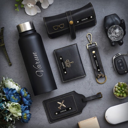 Black bottle, keychain, wallet, glasses holder and passport holder for men 